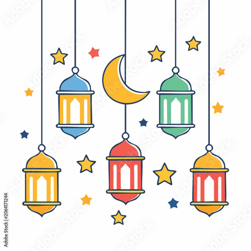 Islamic Lanterns and Crescent Moon with Stars