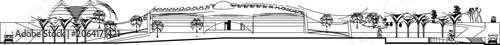 2D vector line art elevation section representing a sustainable metropolitan public park with underground vehicular underpass and overhead botanical glass pavilion