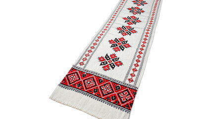 Traditional Slavic white towel embroidered with red ethnic patterns isolated on a transparent background