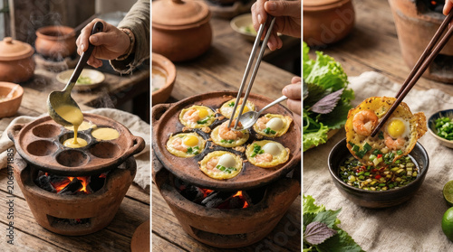 Banh Khot Savory Rice Pancakes Cooking Process Triptych Collage
