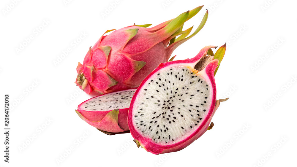 Obraz premium Fresh ripe dragon fruit pieces pitaya slices isolated on a transparent background exotic tropical snack