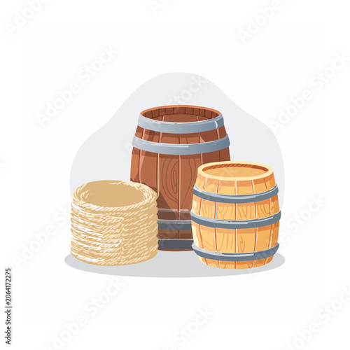 Flat design illustration of wooden barrels and rope basket