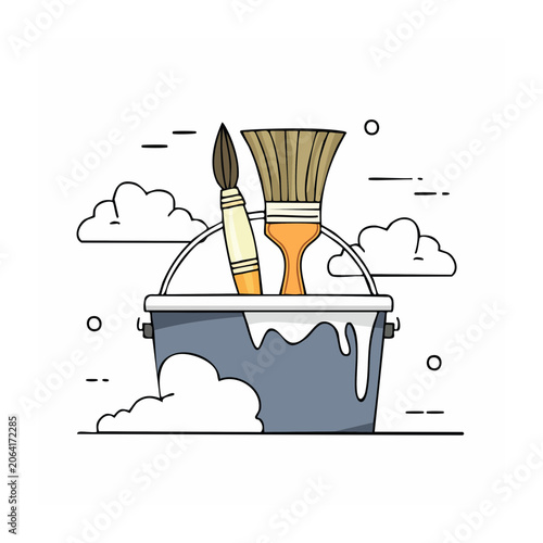 Flat Design Illustration of Paint Bucket with Brushes