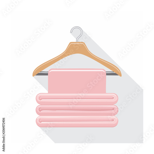 Pink folded towels on wooden hanger flat illustration
