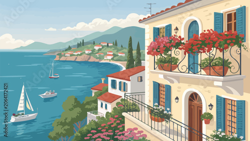 Mediterranean coastal village with sailboats and balcony flowers