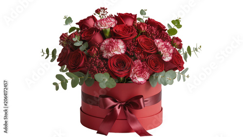 Bild auf Leinwand Red roses and carnations in a round red hat box with ribbon bow