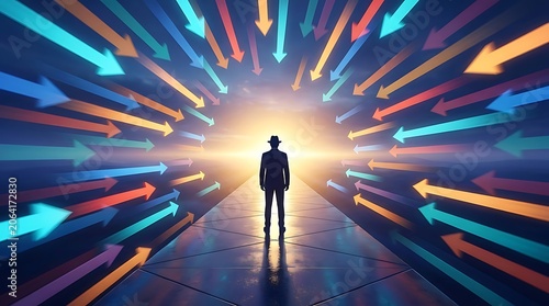 Silhouette of a man in a suit and hat standing on a path surrounded by colorful arrows pointing inwards towards a bright light, symbolizing choice and direction.