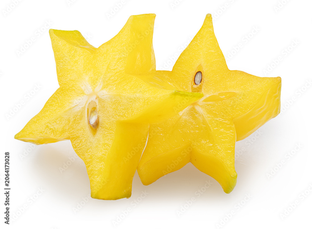 Fototapeta premium Two slices of star fruit or carambola isolated on white background with clipping path.