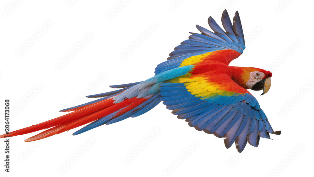 Fototapeta premium Scarlet Macaw parrot flying with colorful wings spread