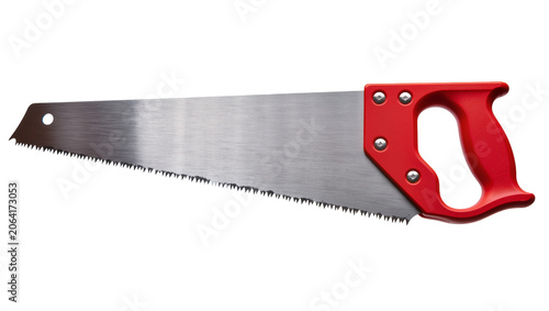 Cuadro en lienzo Hand saw with red handle and metal blade with sharp teeth