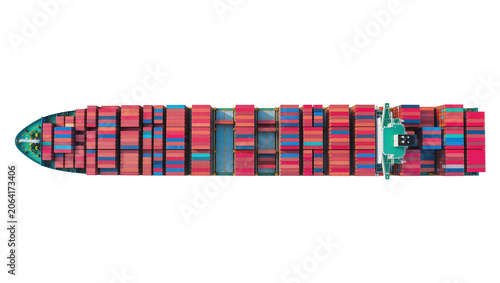 Quadro su tela Top view of cargo ship deck with stacked shipping containers