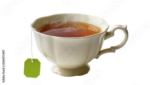 Photos Cream ceramic teacup with hot amber tea and steam, green tea bag tag