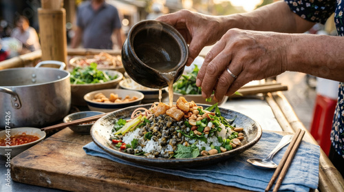 Com Hen Vietnamese Clam Rice Served on Rustic Wooden Back