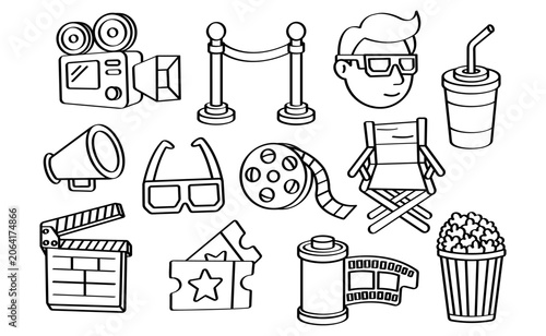 Cinema Movie Doodle Outline Icon Set Film Coloring Page