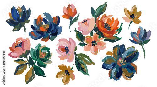 Colorful hand painted floral elements on white background
