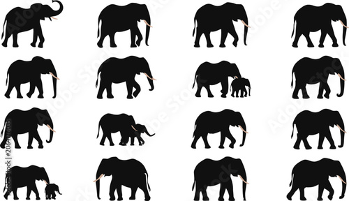 Photography African Elephant Silhouette Vector Set with Walking Wild Animals Herd and Cute M