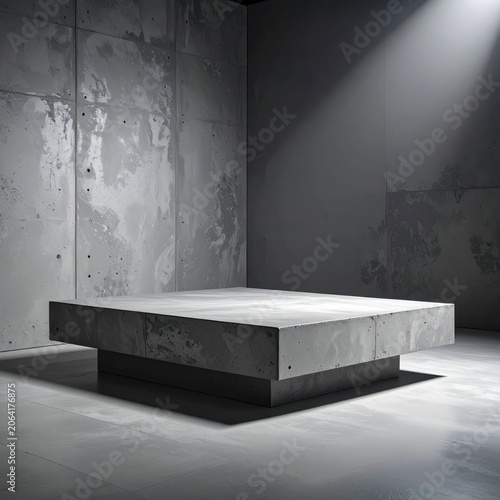 Empty rectangular concrete podium in dark industrial room with spotlight, architectural display platform, modern minimalist exhibition stand