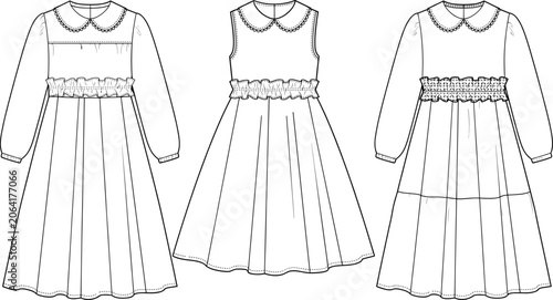 Konstfotografi Technical fashion sketches of three girls' dresses featuring Peter Pan collars, ruffled waists, long sleeves, and sleeveless options for design
