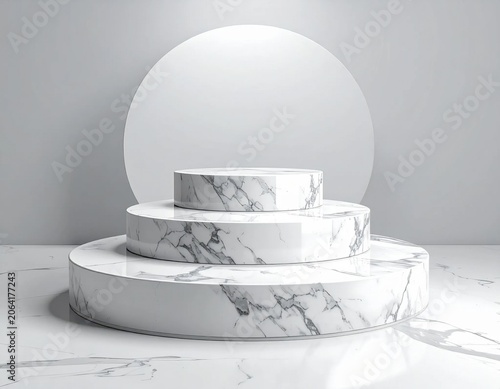 Three tiered marble podium display platform, luxurious product pedestal for advertising, cosmetic showcase, retail presentation, high end interior