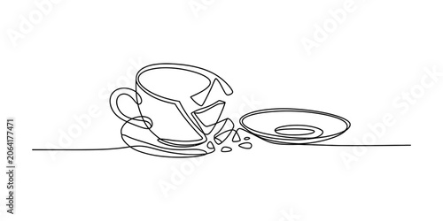 Bild auf Leinwand Broken coffee cup and saucer, continuous line drawing