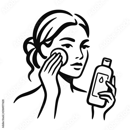 Woman cleaning face with micellar water line art. Skincare and beauty routine concept. Minimalist outline vector illustration isolated on transparent background