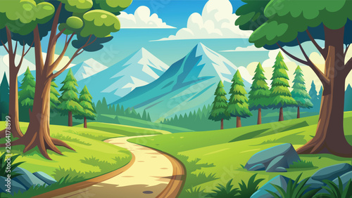 Konstfotografi Winding dirt path through lush green valley towards snow-capped mountains in bri