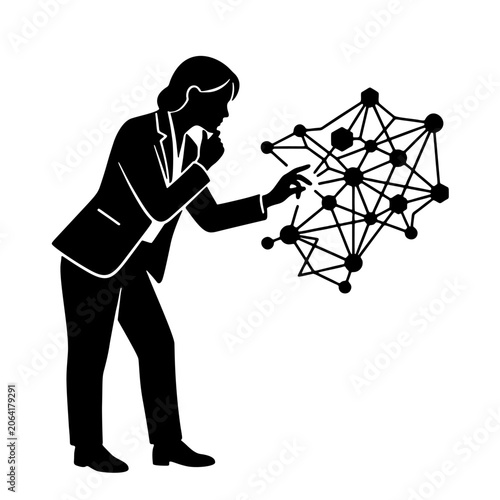Thoughtful person in silhouette interacting with a complex network structure, symbolizing data analysis and innovation.