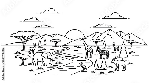 Photography African safari landscape with wild animals and natural environment outline