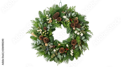 Natural green christmas wreath with pine cones isolated on transparent background