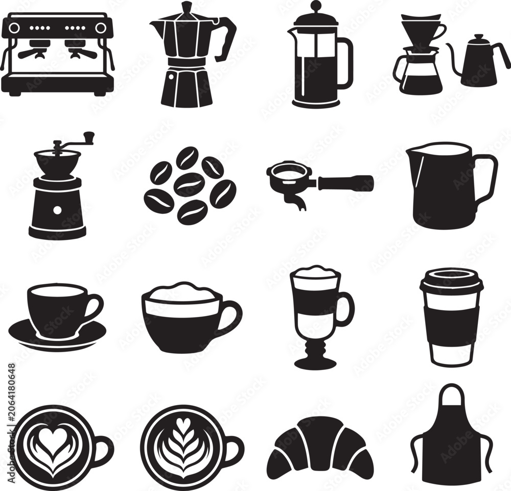 Obraz premium Coffee Brewing Equipment and Barista Accessories Icon Set Vector Collection