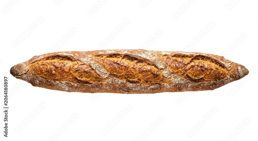 Obraz premium Artisan sourdough baguette with a golden crust and airy crumb, isolated on white