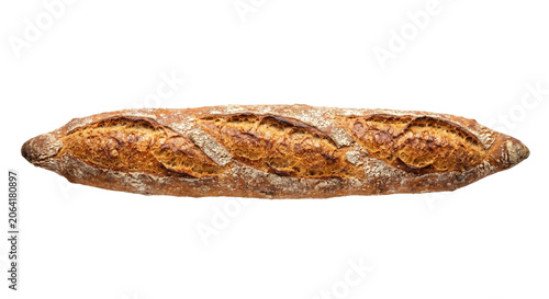 Foto Artisan sourdough baguette with a golden crust and airy crumb, isolated on white