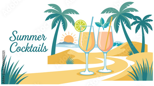 Canvas Print Tropical beach scene with summer cocktails and palm trees.
