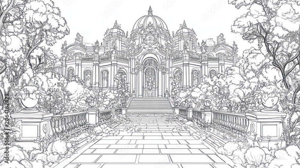 Obraz premium Intricate line art of a palatial building with ornate details and surrounding foliage