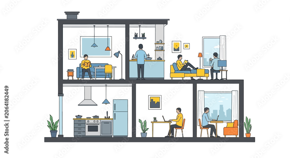 Fototapeta premium Modern apartment living, people working and relaxing in different rooms