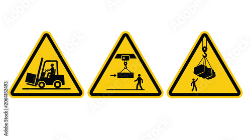 Three yellow triangular industrial safety warning signs featuring black pictograms of a forklift and heavy overhead crane lifting operations for use in construction site zones