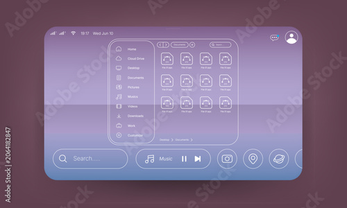 Tablet operating system dashboard interface with file manager and media controller