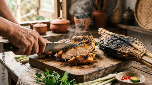 Ga Nuong Ban Don Grilled Chicken Sliced on Wooden Board