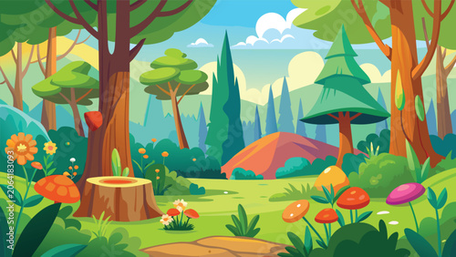 Photos Lush forest scene with vibrant trees flowers and mushrooms during daylight idyll