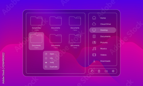 Line art file manager user interface on purple gradient background