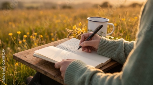 Writer journaling in open notebook on wooden lap desk in flower field during golden hour sunset for wellness and creativity content