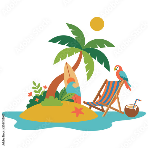 Fotografija A tropical island paradise scene with palm trees and a parrot for summer travel