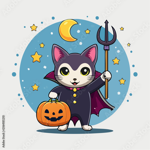 Cute Cat Vampire with Pumpkin and Trident for Halloween
