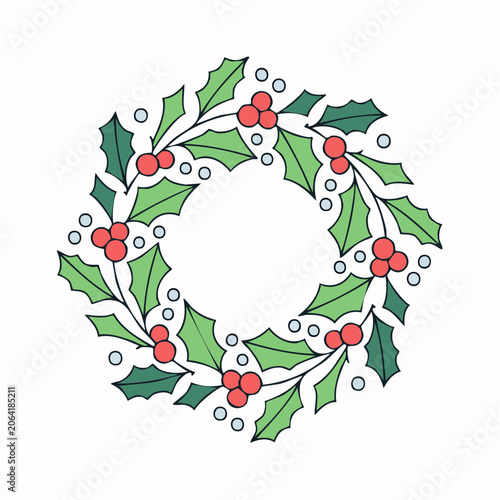 Christmas Holly Wreath with Red Berries and Blue Dots