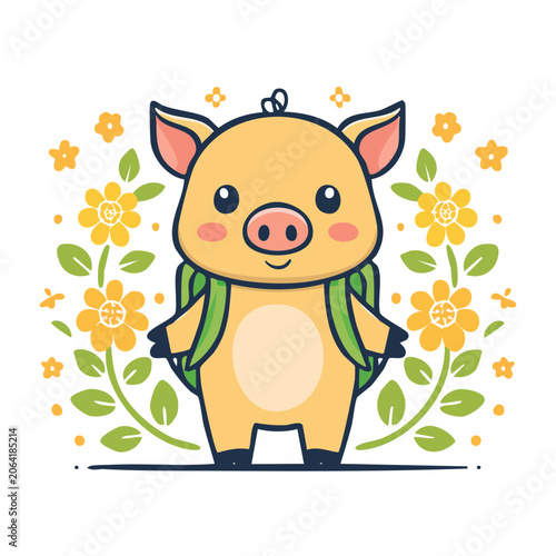 Cute cartoon pig with backpack and flowers