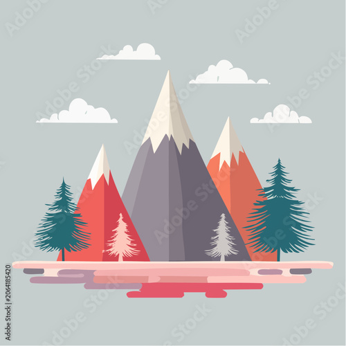 Flat Design Mountain Landscape with Pine Trees and Clouds