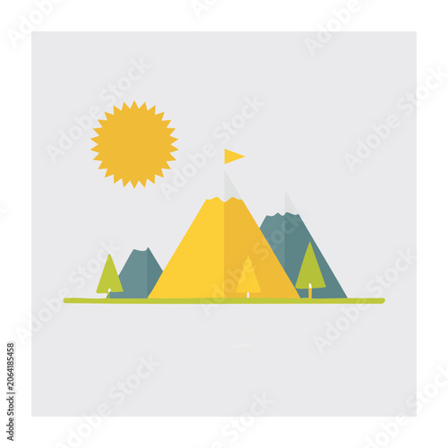 Flat design sun and mountain landscape with airplane