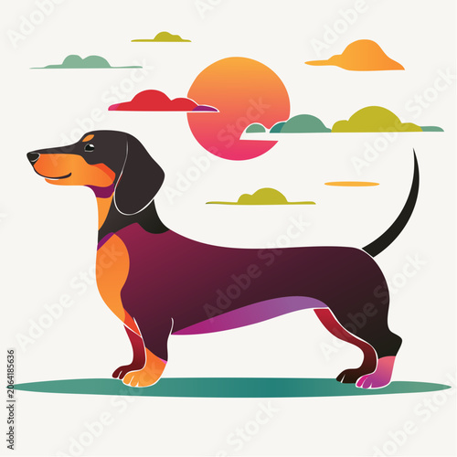 Stylized Dachshund Dog with Colorful Sunset and Clouds