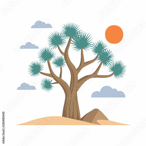 Stylized Joshua Tree in Desert Landscape with Sun and Clouds