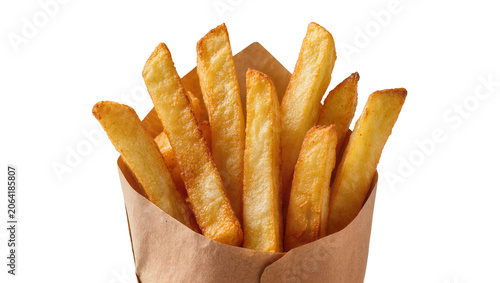 Crispy golden french fries in brown paper cone